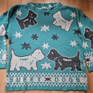 Teal  Vintage 1980s Sweet Dog Pattern  Knit Sweater.
